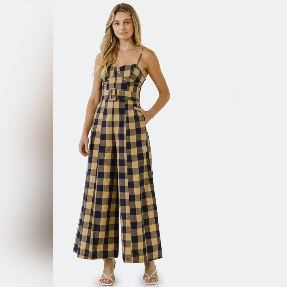 ENGLISH FACTORY Check Belted Jumpsuit Combo Gingham Wide Leg NWT  Navy/Beige